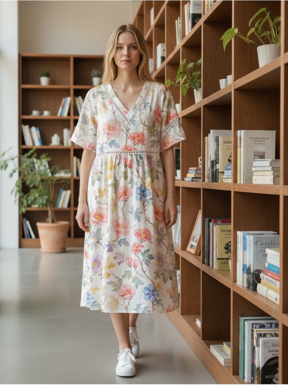 V-Neck Floral Midi Dress in Cream with Multicolor Blooms
